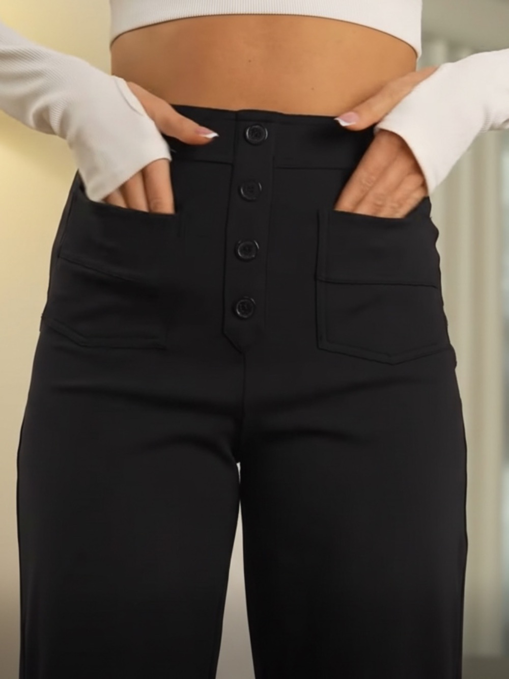 HALARA Black Buttery Soft High-Waist Pants w/Button Front, Stretch, Pockets XS